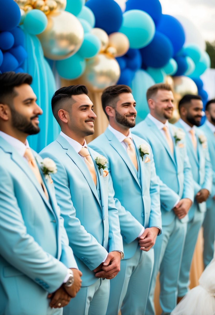 Groomsmen in powder blue suits with champagne ties stand in a line, against a backdrop of powder blue and champagne wedding decor