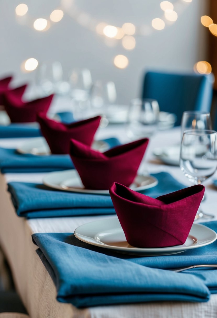 Dusty blue linens with burgundy napkins arranged on a table