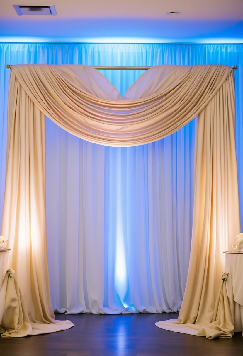 Champagne drapery cascades against a backdrop of soft powder blue uplighting, creating a dreamy and elegant ambiance for a wedding celebration