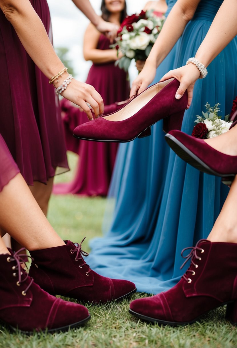 Burgundy shoes and dusty blue and red color palette for a wedding party