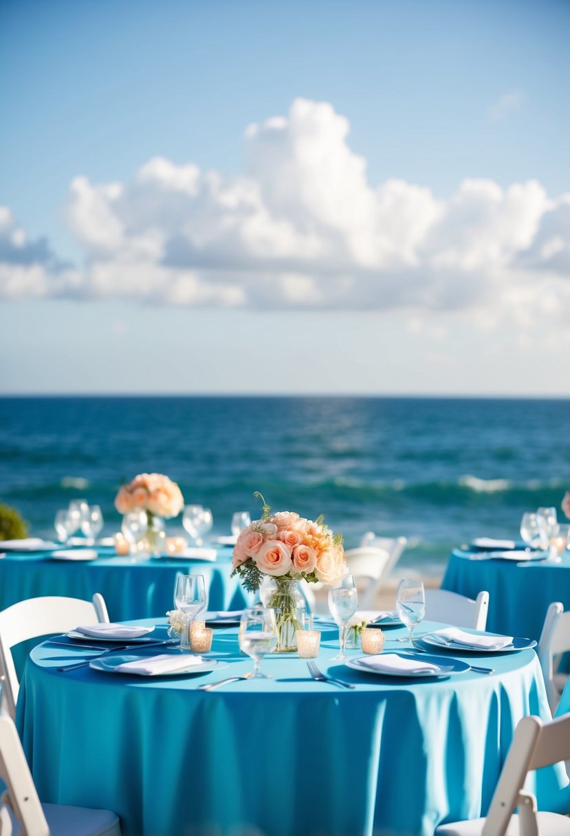 A seaside wedding with sea blue tablecloths, peach floral centerpieces, and ocean views