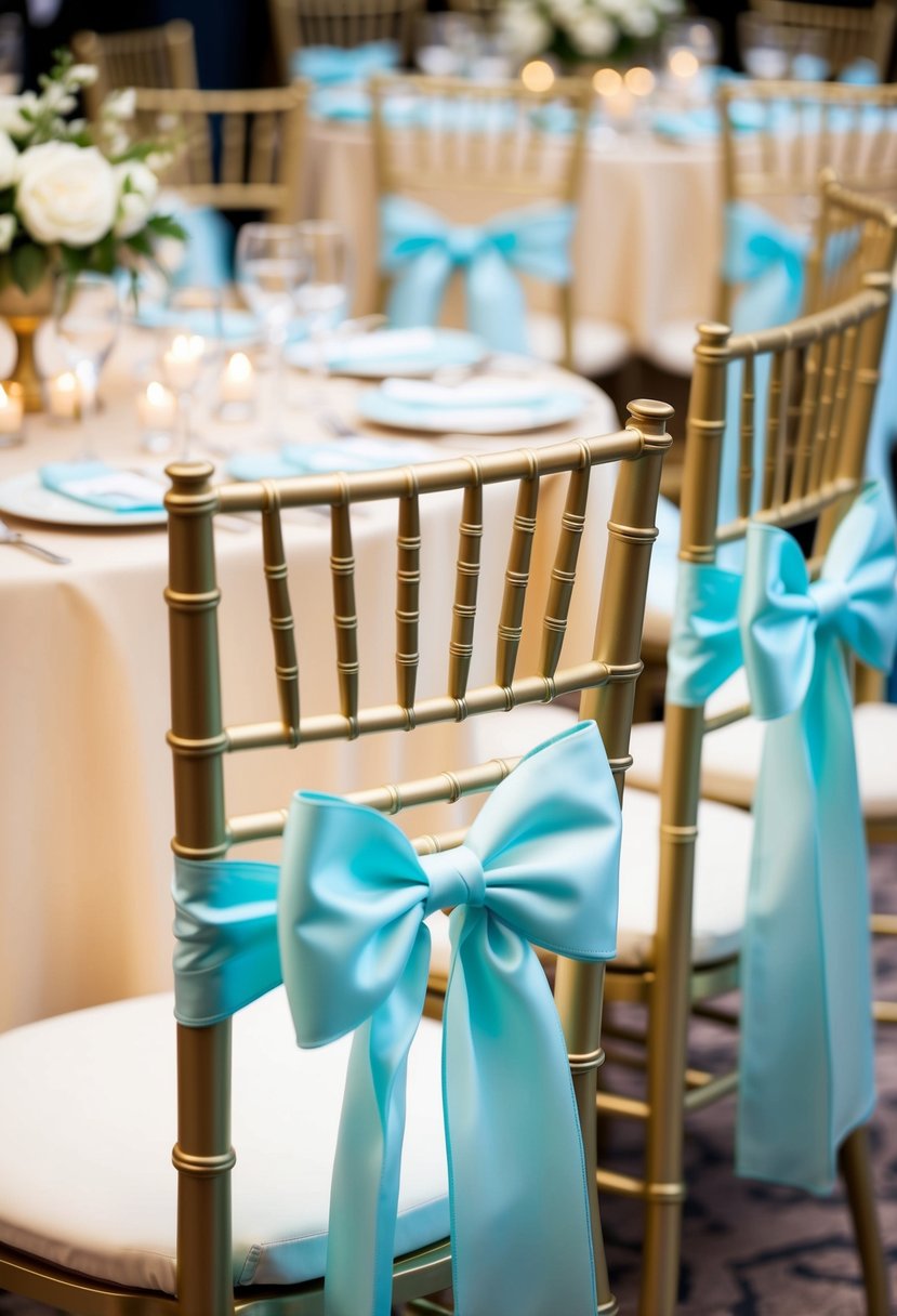 Champagne chairs with powder blue bows at a wedding reception