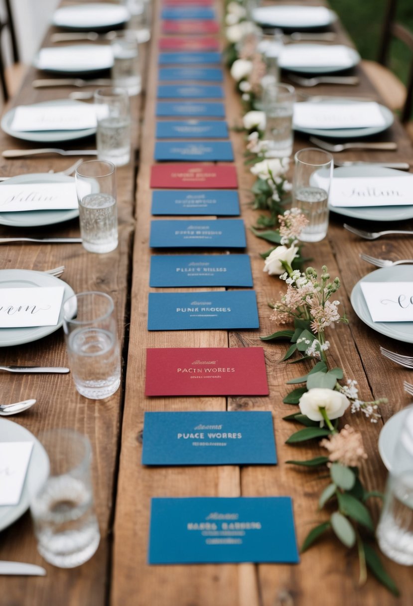 Dusty blue and red place cards arranged on a rustic wooden table with delicate floral accents