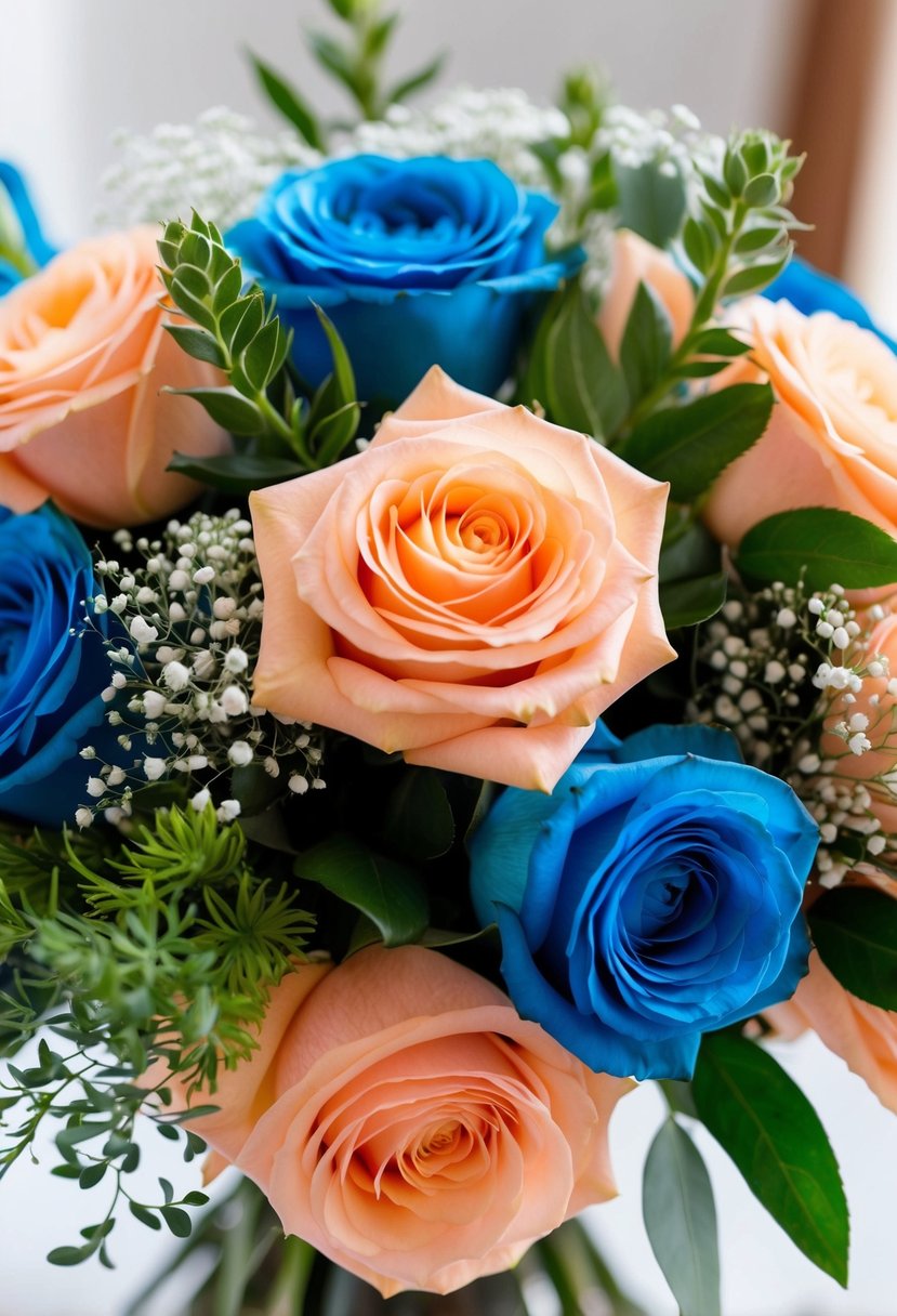 Peach and sea blue roses arranged in a vibrant bouquet, with greenery and baby's breath