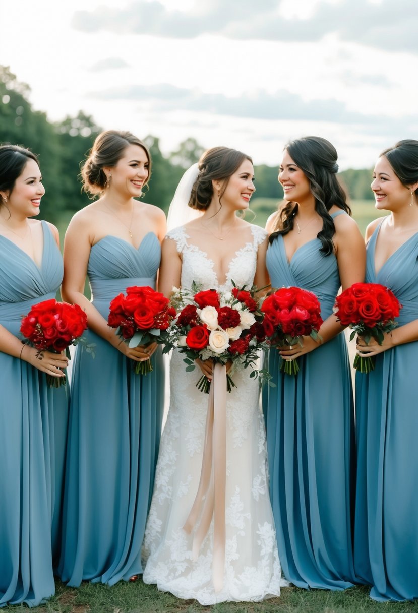 Dusty blue bridesmaid dresses with vibrant red bouquets in a romantic wedding setting