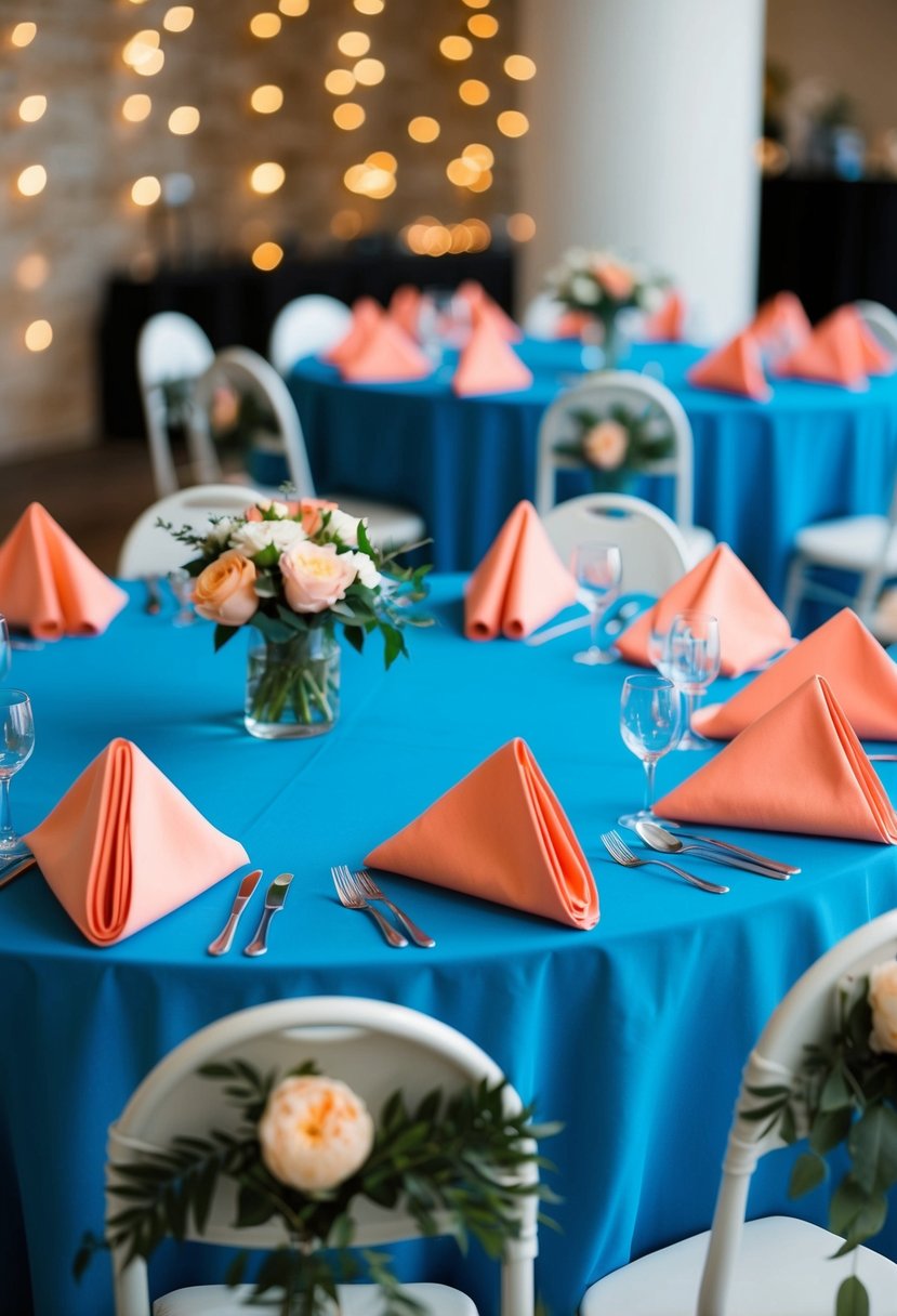 Sea blue tablecloths with peach napkins arranged on a banquet table