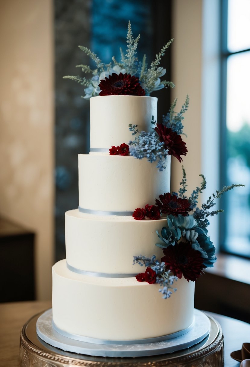 An ivory cake adorned with dusty blue and red floral accents