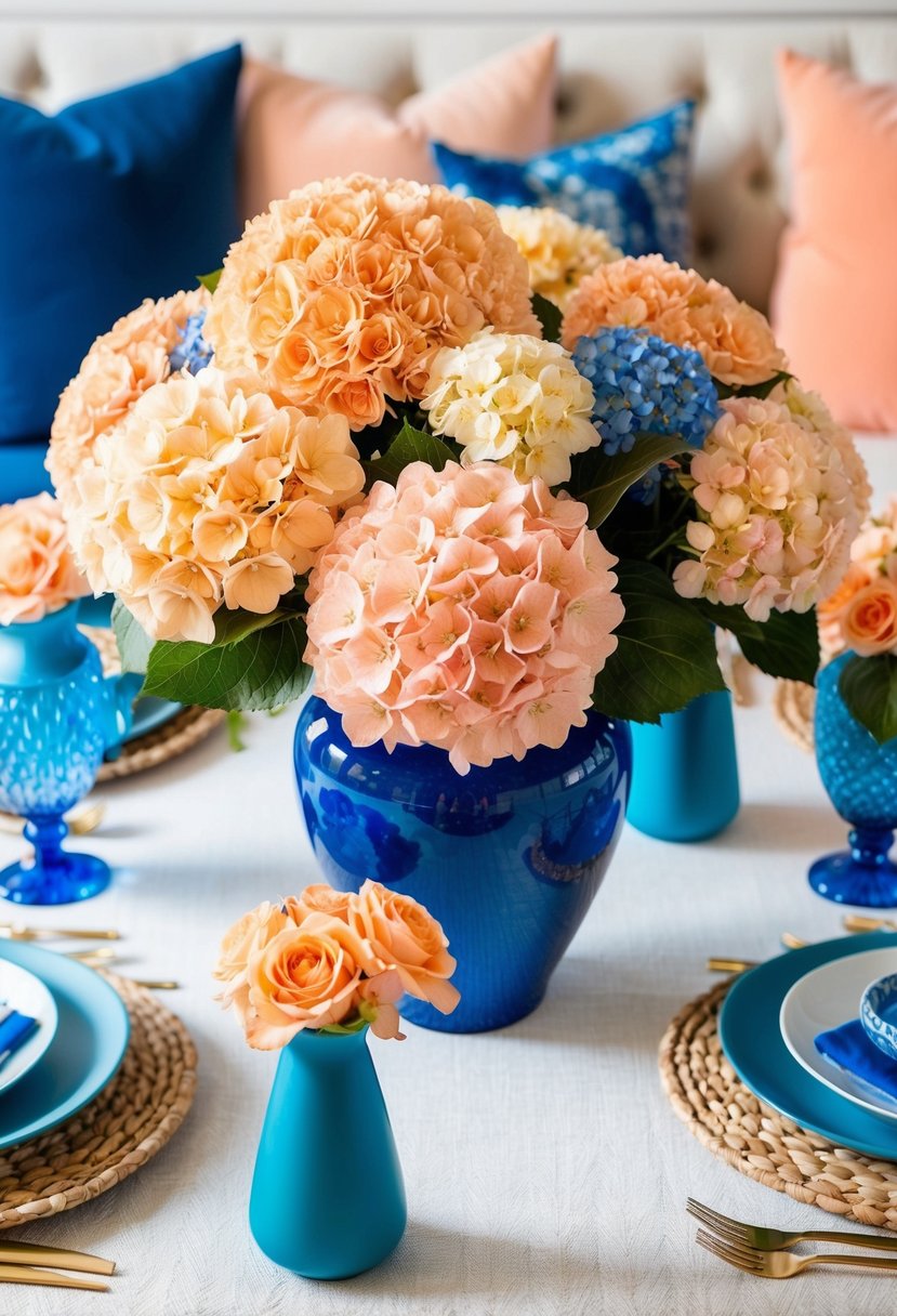 A table adorned with lush peach and blue hydrangeas in sea blue vases, surrounded by sea blue and peach accents