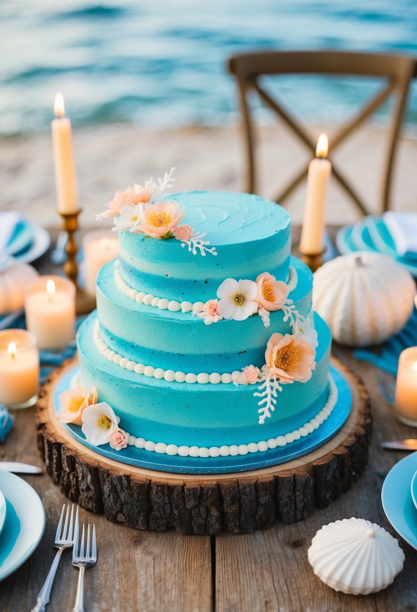 A sea blue cake adorned with delicate peach floral accents sits on a rustic wooden table, surrounded by soft candlelight and ocean-inspired décor