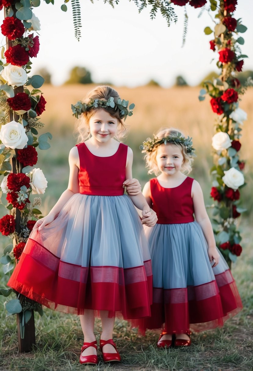 A rustic outdoor wedding with red and dusty blue flower girl dresses, surrounded by matching floral decorations