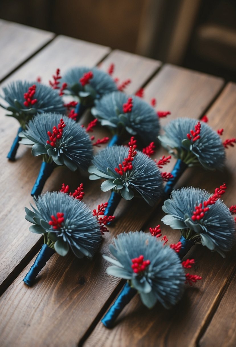 Dusty blue boutonnieres with red accents arranged in a rustic setting