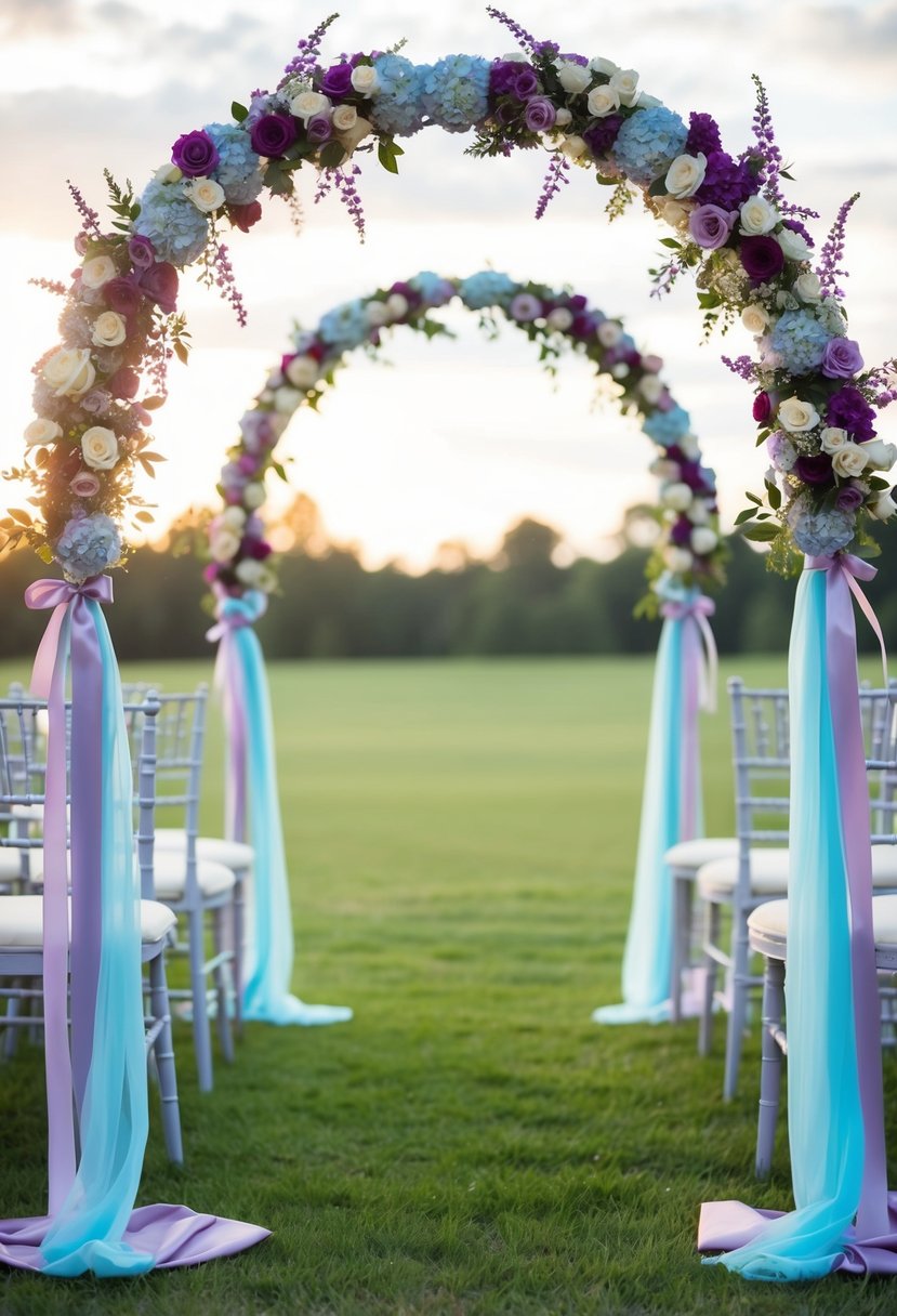 A light blue and purple wedding arch adorned with flowers and ribbons