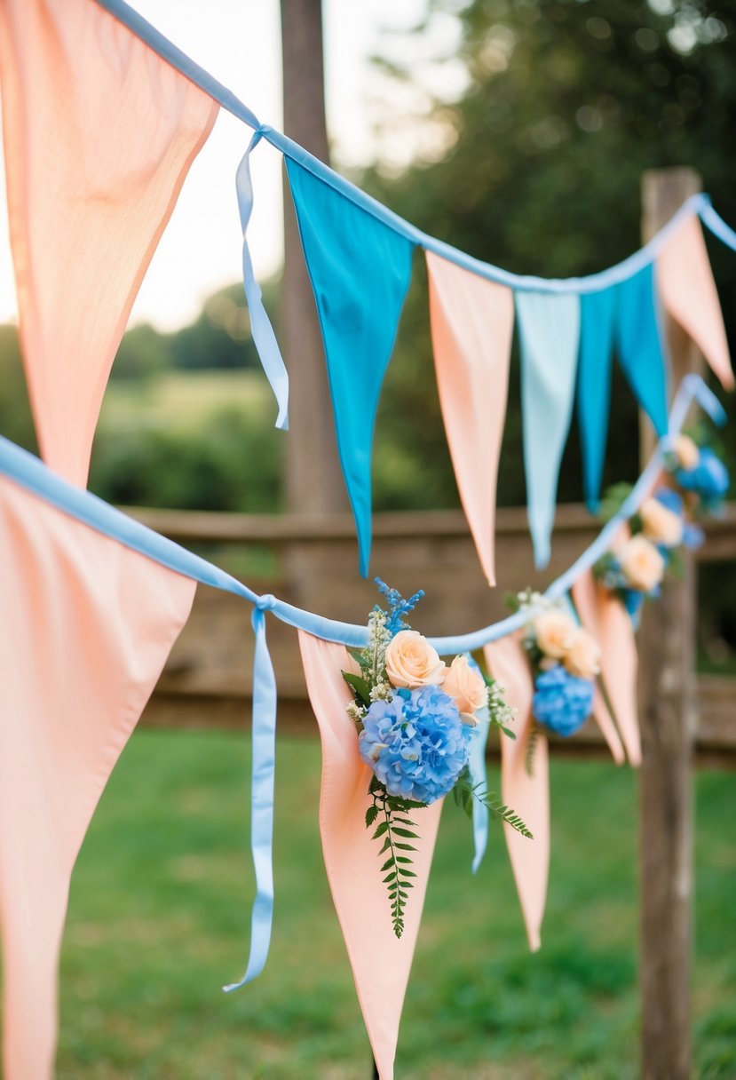 Peach and sea blue bunting drapes across a rustic outdoor wedding setting, with delicate peach and blue floral accents