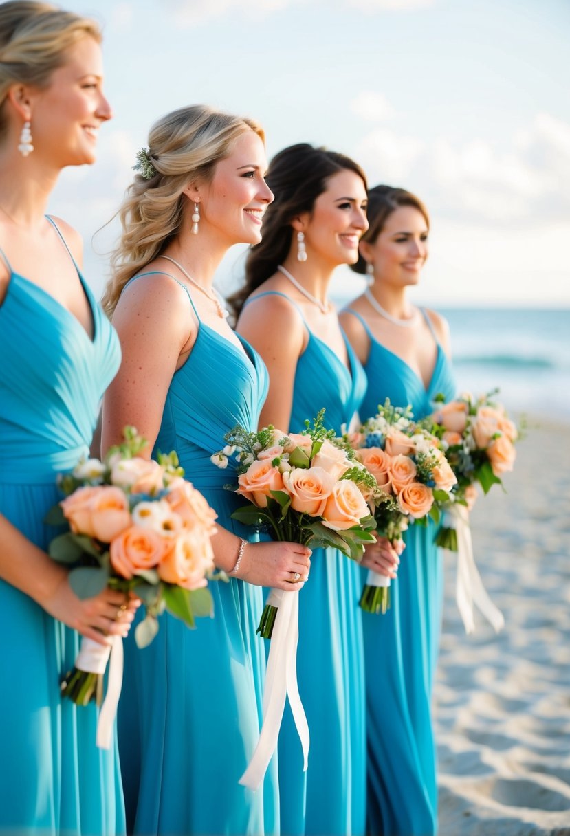 Sea blue dresses and peach bouquets at a beach wedding