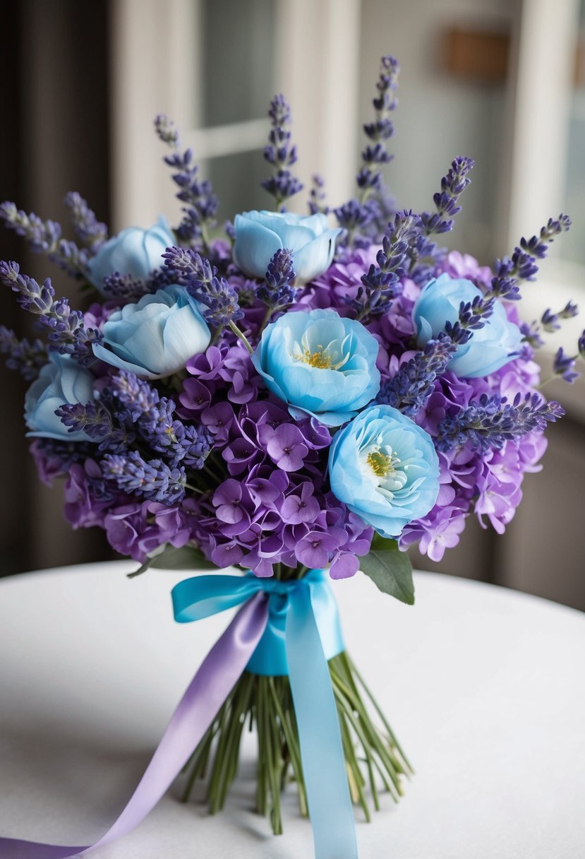 A bouquet of lavender and sky blue flowers with light blue and purple ribbons