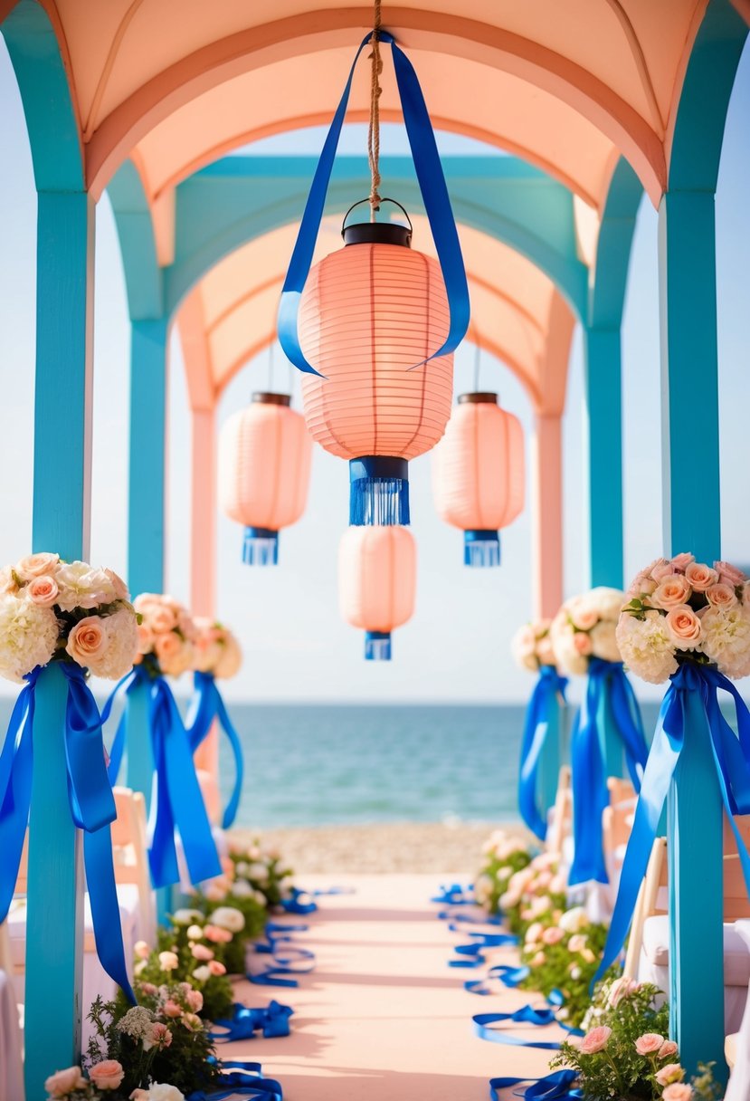 Peach lanterns with blue ribbons hang from a sea blue and peach archway, surrounded by matching flowers and ribbons