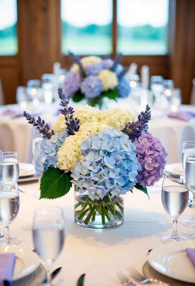 A table adorned with hydrangea and lavender centerpieces in light blue and purple, creating a serene and elegant atmosphere for a wedding celebration