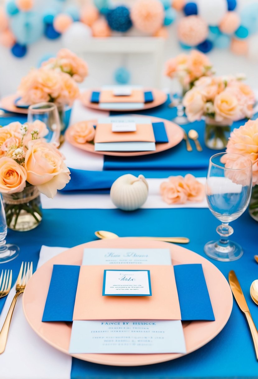 A table set with peach and blue invitations, surrounded by sea blue and peach wedding decor