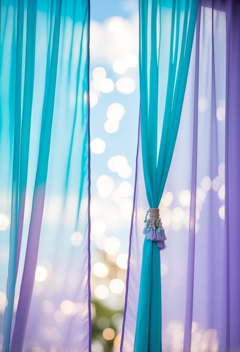 Turquoise and lilac draperies billowing in the breeze, casting a soft glow of light blue and purple hues, creating a dreamy and romantic atmosphere