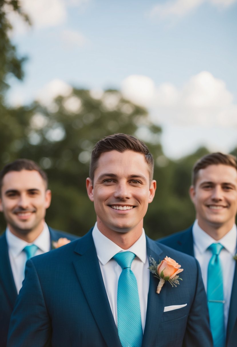 Groomsmen in sea blue ties with peach boutonnieres