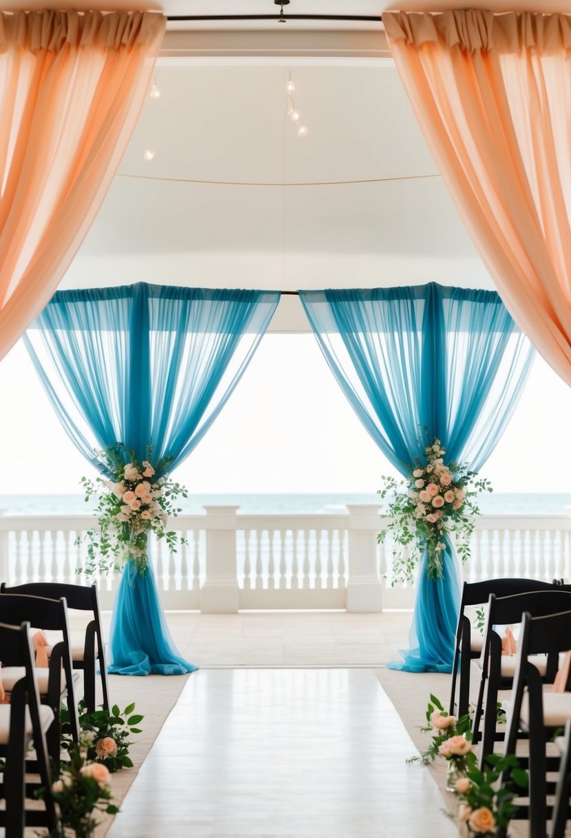 A ceremony arch draped with peach and sea blue fabric, creating a soft and elegant ambiance