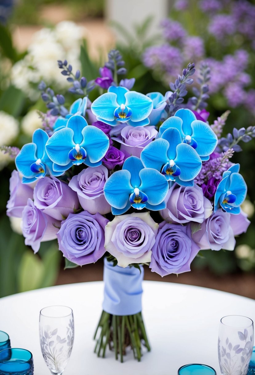 A bouquet of blue orchids and lavender roses arranged in a delicate, light blue and purple color scheme for a wedding