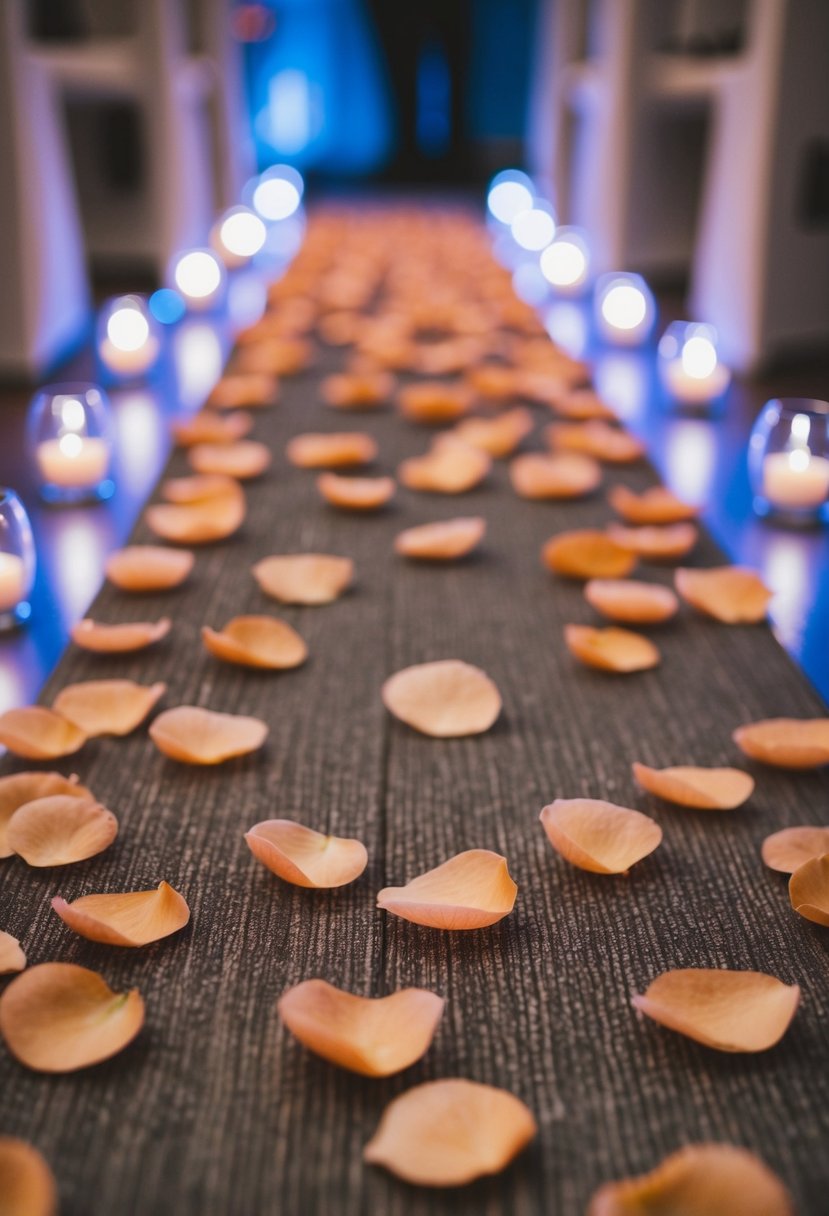 Peach petals scattered on the aisle, with soft blue lights illuminating the surroundings