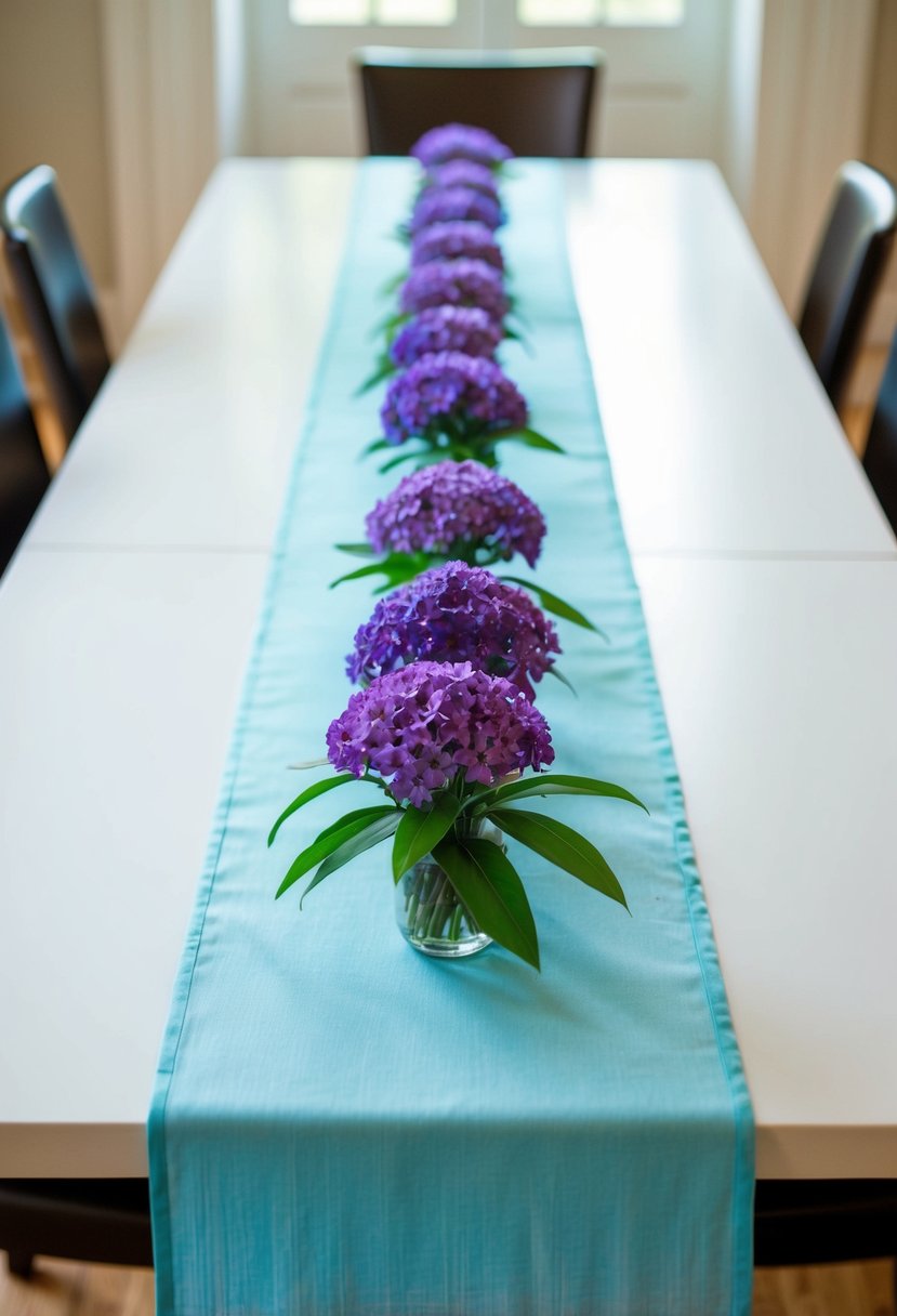 A light blue table runner adorned with purple flowers on a white table