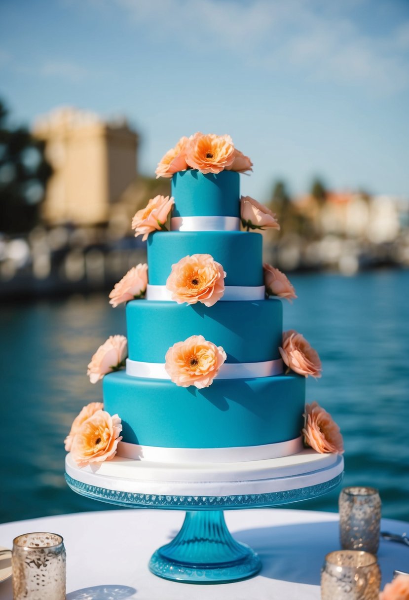 A sea blue wedding cake stand adorned with peach-colored flowers and ribbons