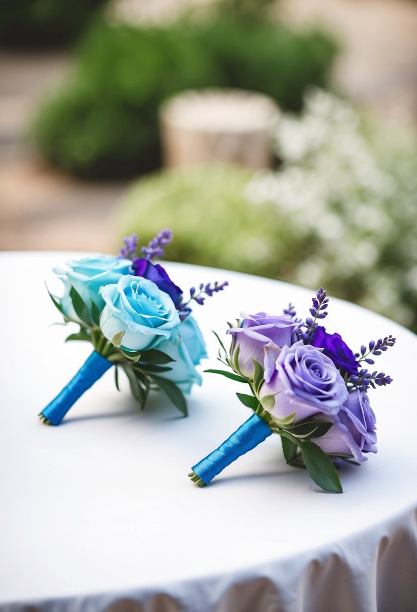 Two boutonnieres in shades of light blue and purple, arranged on a white tablecloth with soft natural lighting