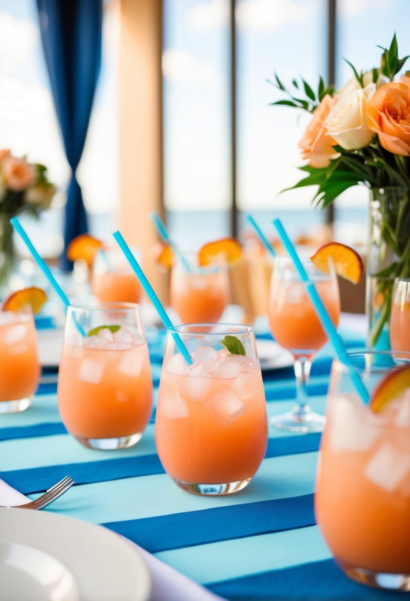 Peach cocktails with blue straws on a sea blue and peach themed wedding reception table