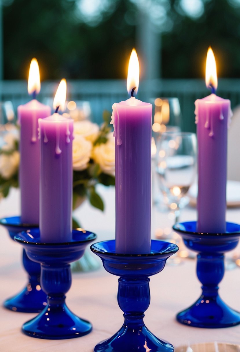 Lavender candles in blue holders illuminate a serene wedding setting