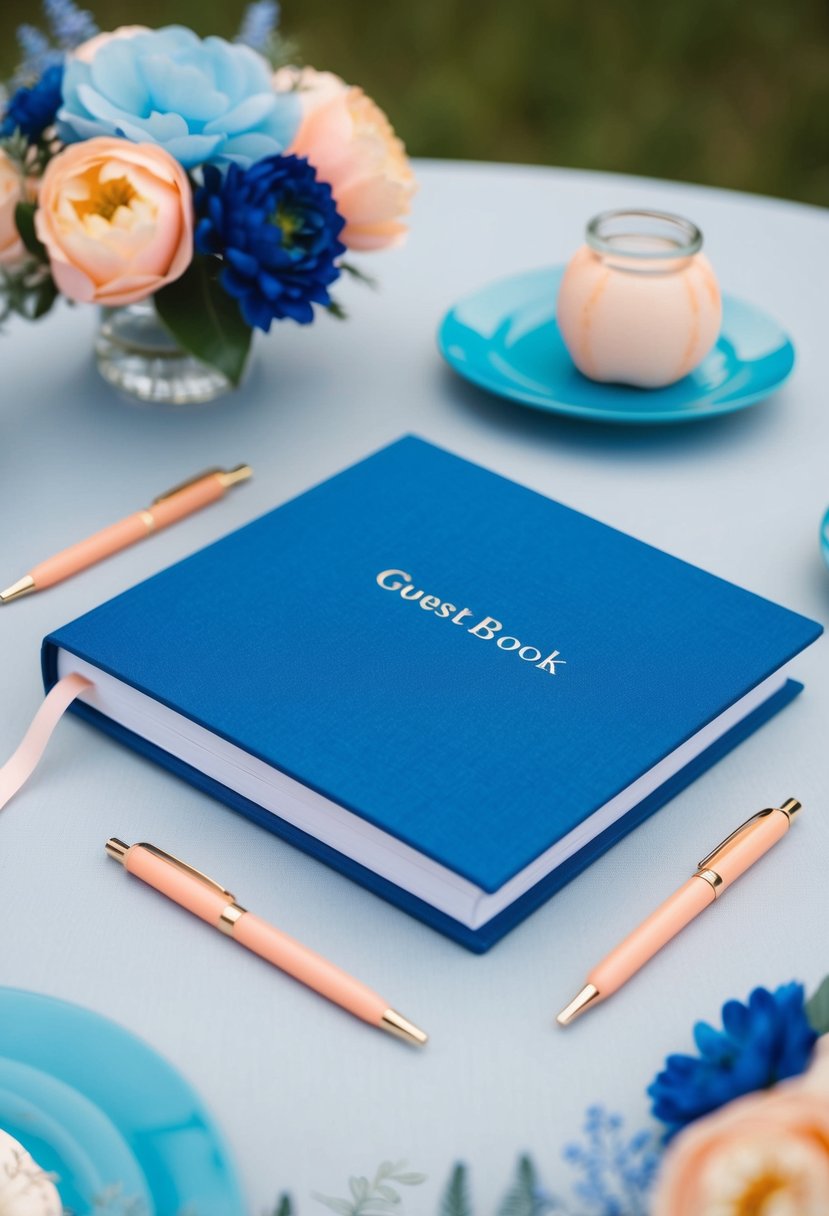 A sea blue guest book lies open, with peach pen accents. Surrounding it are sea blue and peach wedding decor, creating a serene and romantic atmosphere