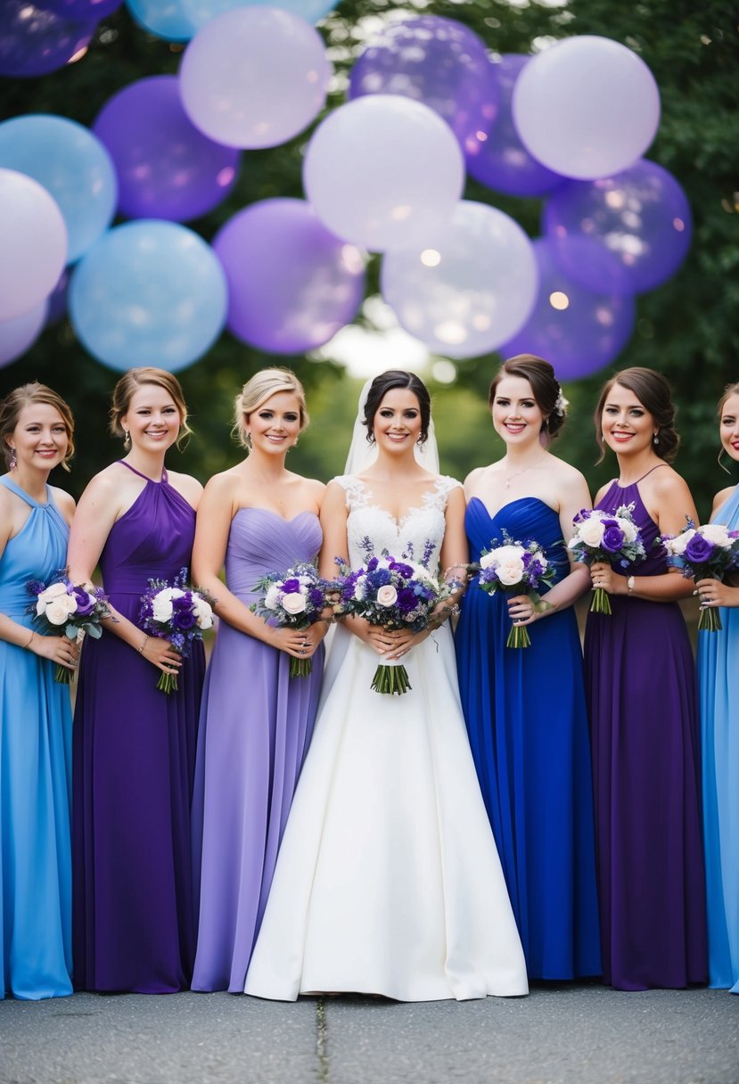 Royal blue and purple bridesmaid dresses arranged in a light blue and purple wedding color scheme