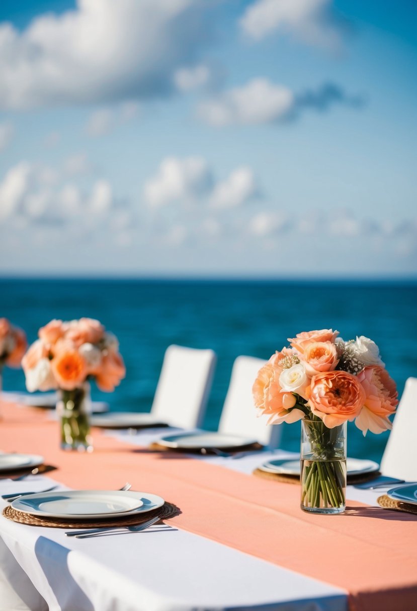 Peach table runners adorn tables against a backdrop of sea blue