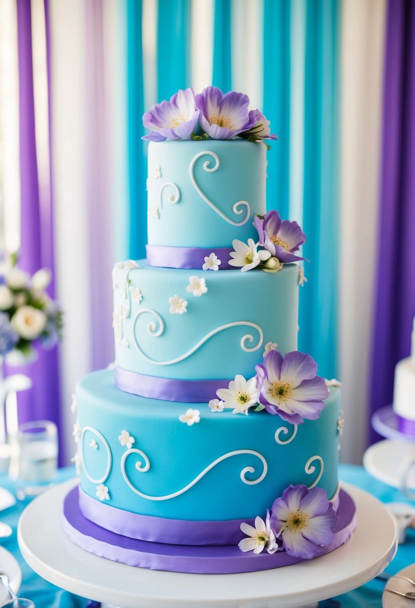 A three-tier wedding cake in sky blue and violet, adorned with delicate flowers and swirls, set against a backdrop of matching color scheme decor