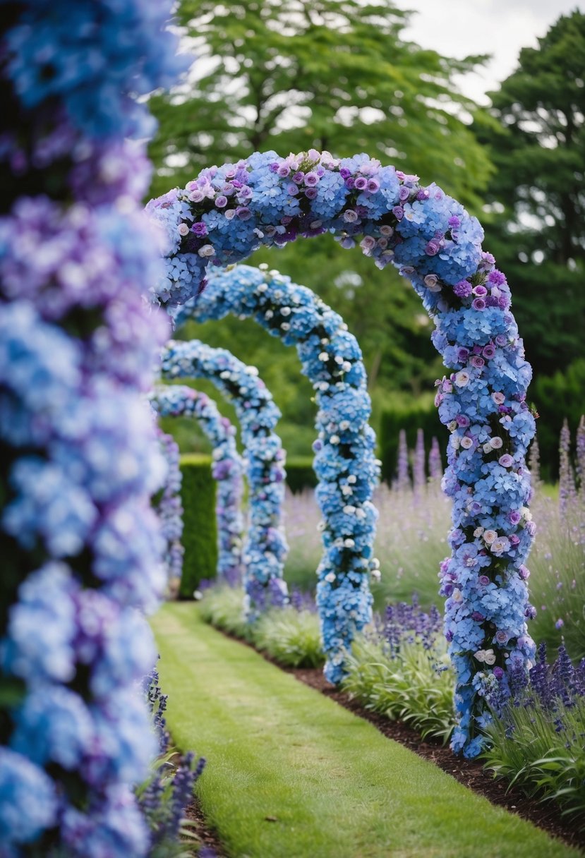 A garden with light blue and purple flower arches