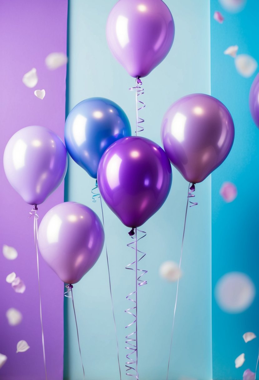 Periwinkle and lavender balloons float against a light blue and purple backdrop, creating a dreamy and romantic atmosphere for a wedding celebration