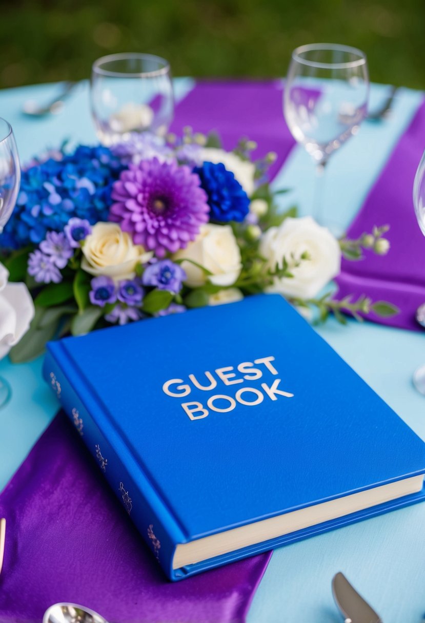 A cobalt blue and purple guest book sits on a light blue and purple wedding table with coordinating decor and flowers