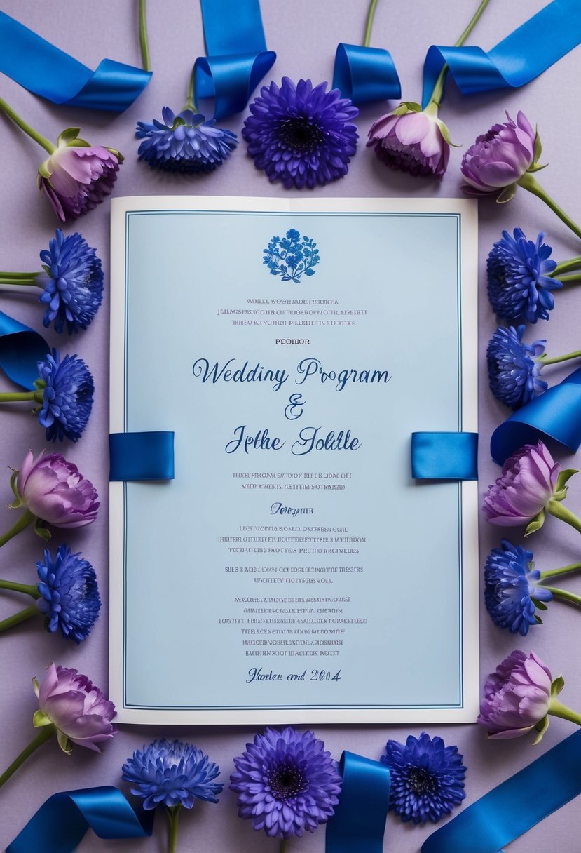 A light blue and lavender wedding program surrounded by purple flowers and blue ribbons