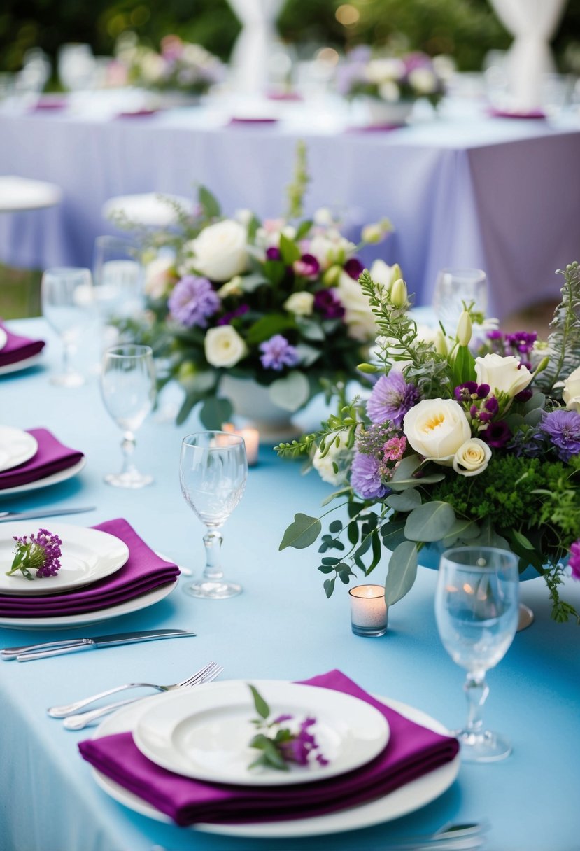 A light blue tablecloth with purple napkins and floral centerpieces