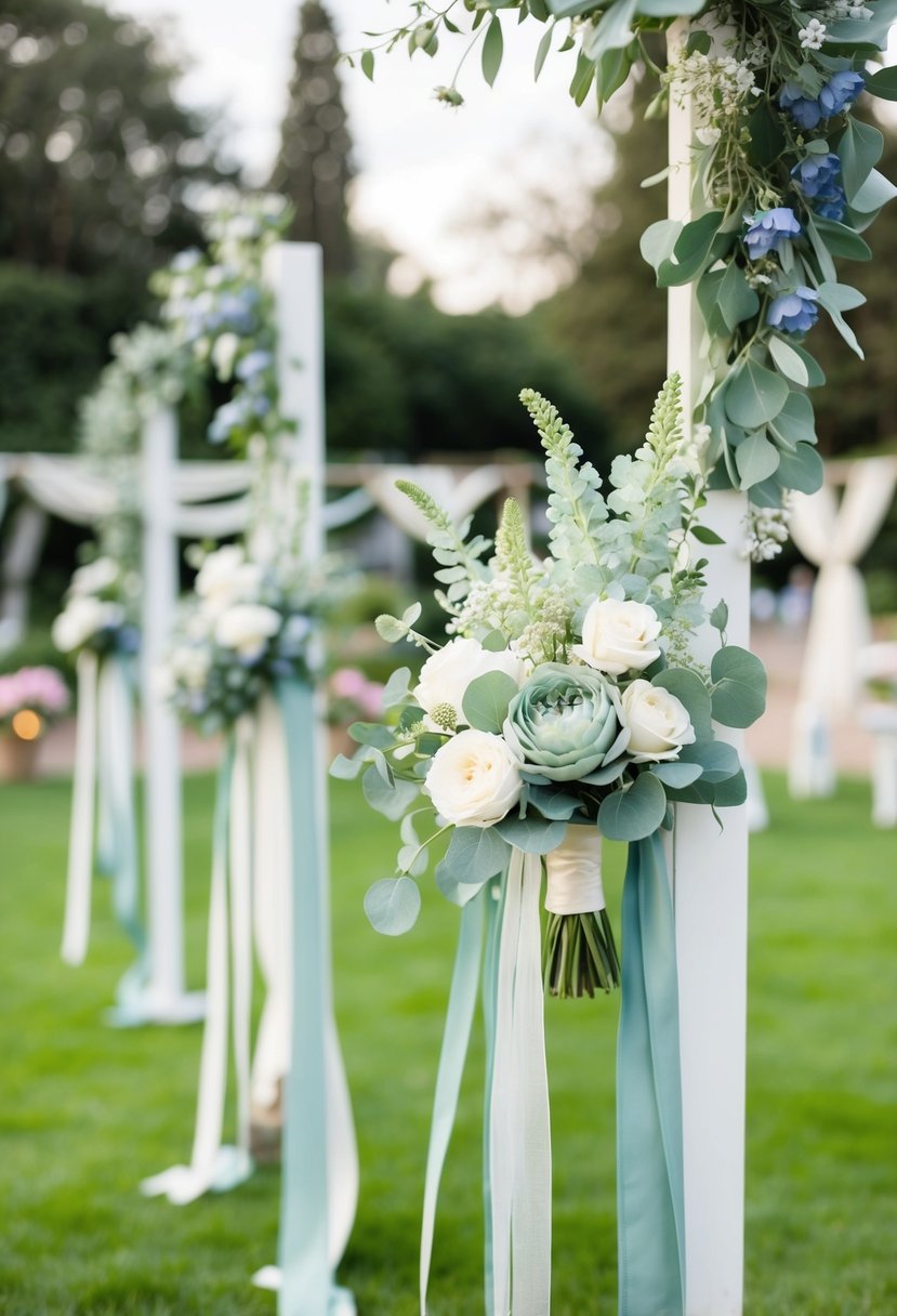 A serene garden adorned with sage green and dusty blue flowers, ribbons, and decor for a wedding celebration