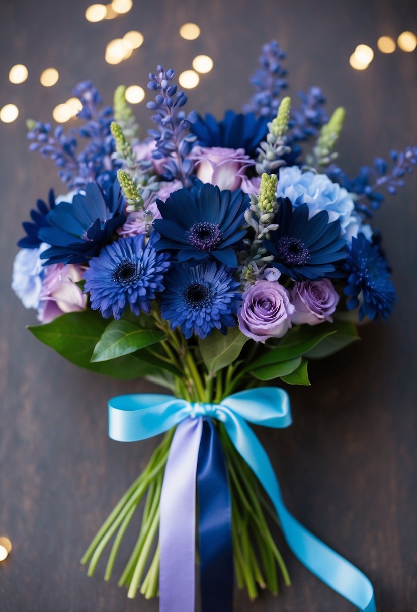 A bouquet of navy blue and purple flowers tied with light blue and purple ribbons