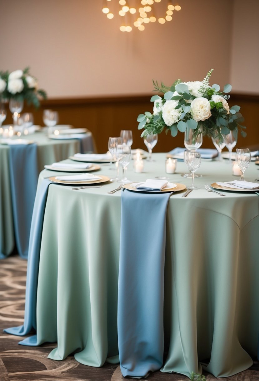 Sage green and dusty blue table linens elegantly draped over a banquet table, creating a serene and sophisticated atmosphere for a wedding reception