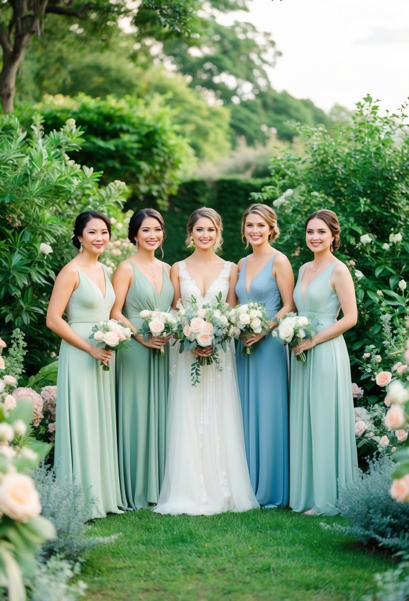 A serene garden wedding with sage green and dusty blue bridesmaid dresses, surrounded by lush foliage and soft pastel florals