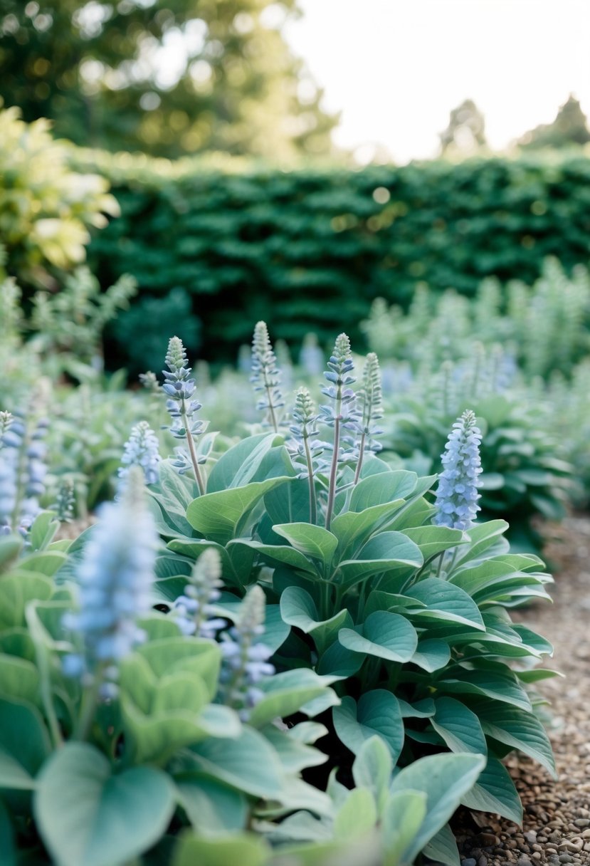 A serene garden with sage green foliage and dusty blue flowers, surrounded by soft natural light