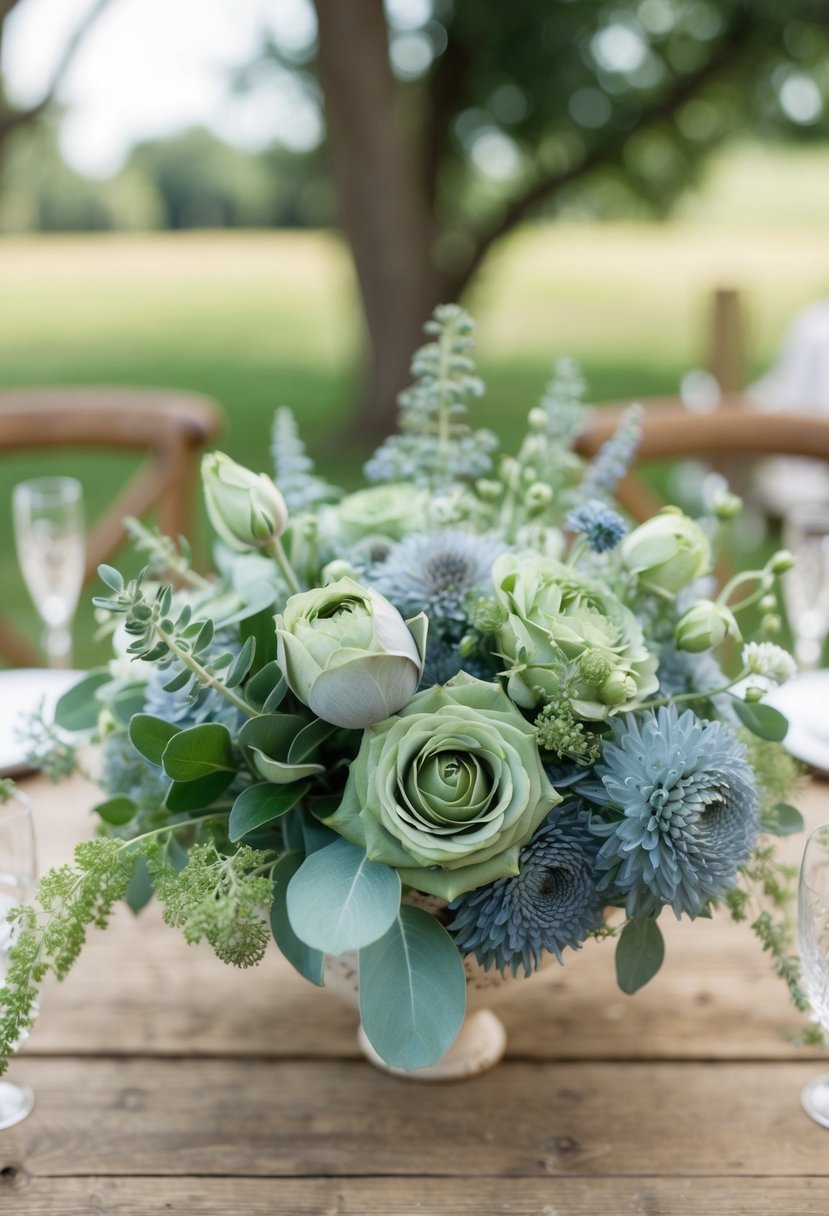 Sage green and dusty blue flowers arranged in a rustic wedding setting with soft natural lighting