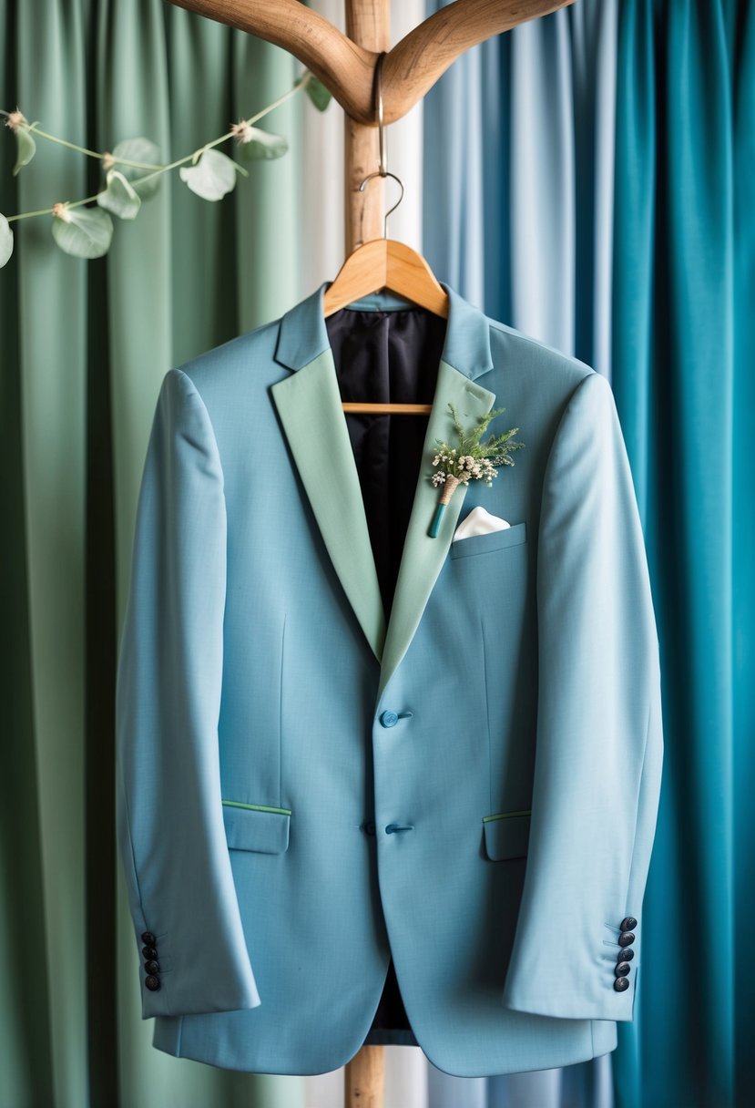 A dusty blue suit with sage green accents hangs on a wooden hanger against a backdrop of sage green and dusty blue wedding decor