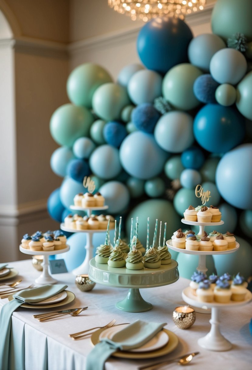 A dessert table adorned with sage green and dusty blue decorations