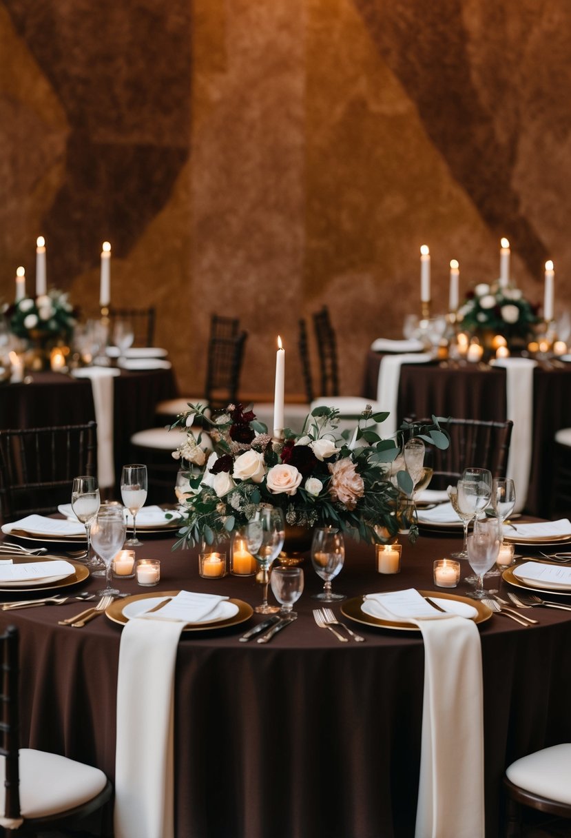 A rich, dark brown wedding table adorned with elegant floral arrangements and candles, set against a backdrop of warm, earthy tones